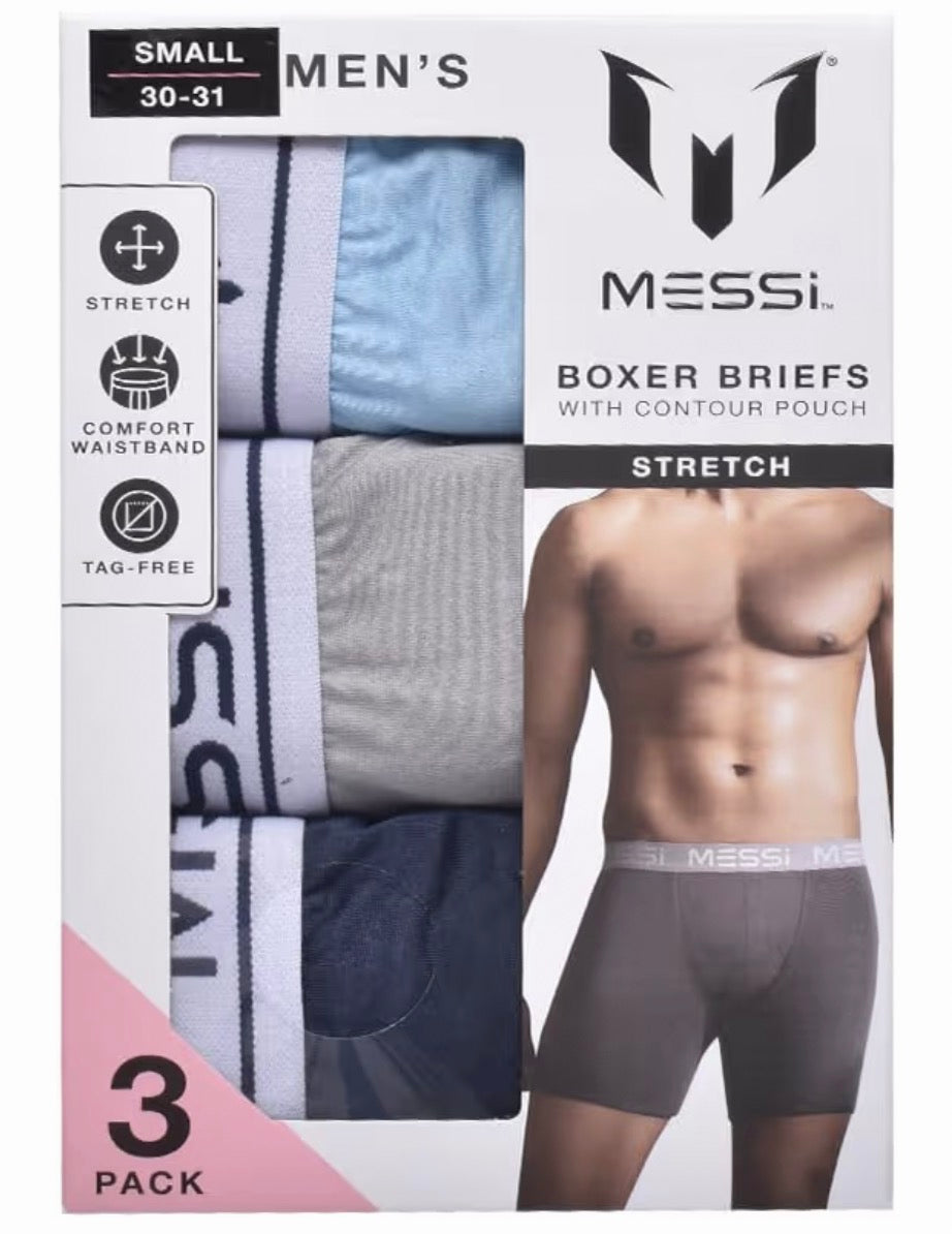 Messi Men's 3pk Stretch Boxer Briefs Blue/Black/Grey- Small