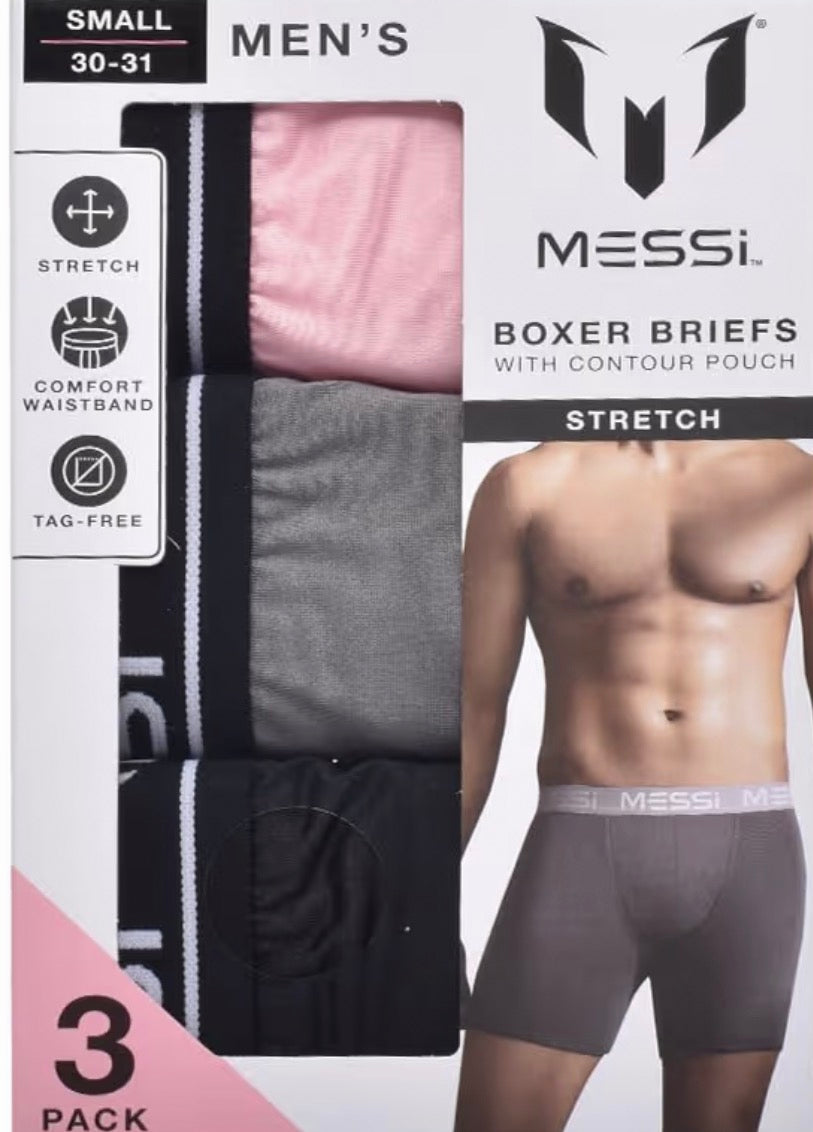 Messi Men's 3pk Stretch Boxer Briefs Black,Grey, Pink - Small